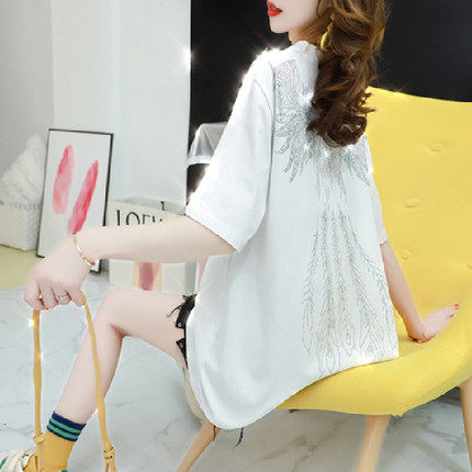 Pure Cotton Short Sleeve T Shirt Woman 2022 Season New Medium Long Version Loose Heavy Work Bronzing College Wind Net Red 100 Hitch Blouse