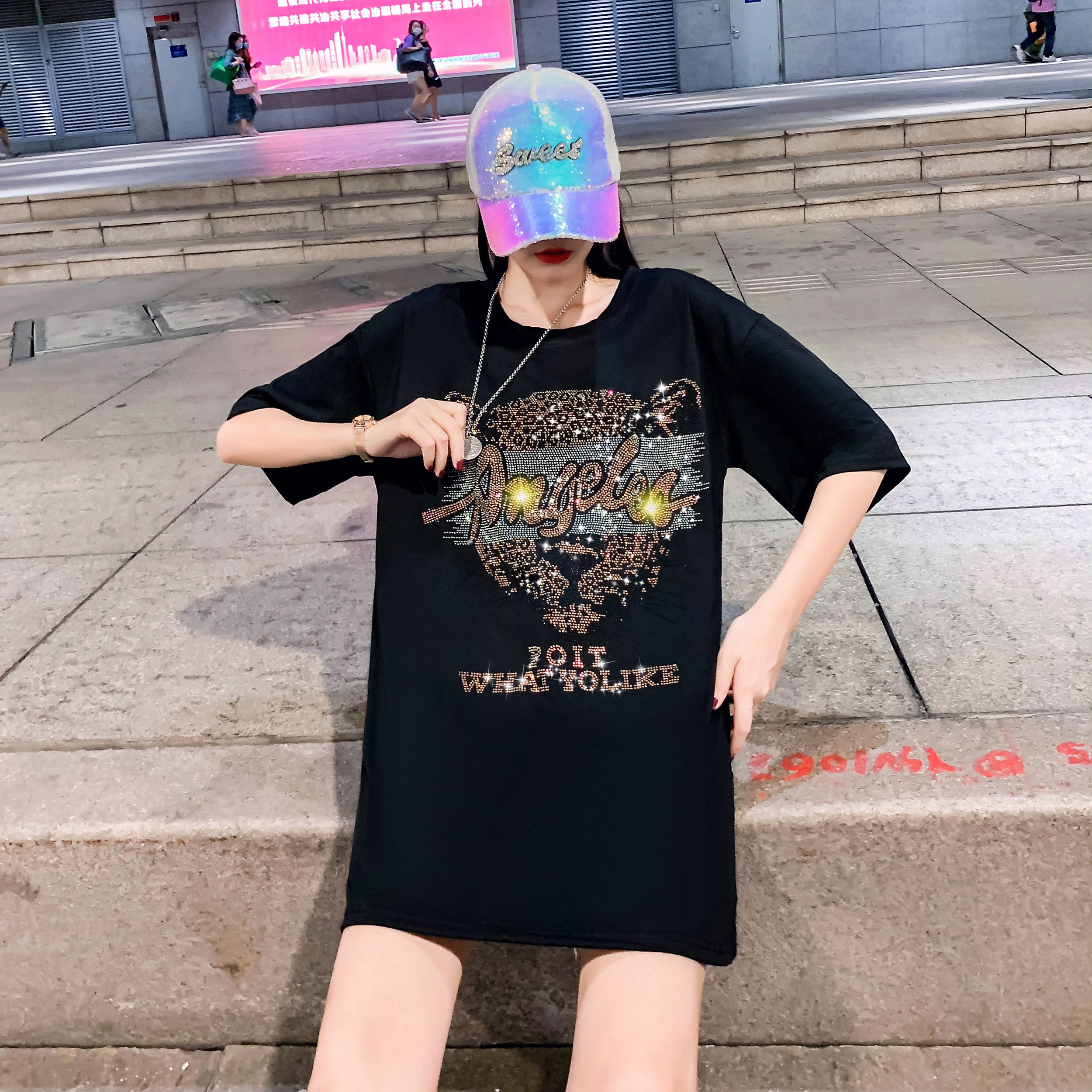 Large brand Yu single cut women's high-end foreign trade tail list exported French heavy industry hot sleeve T-shirt coat