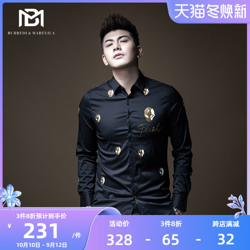 BM men's alien hot drill ruffian handsome flower shirt men's long-sleeved British tide brand Hong Kong style trend Korean version handsome and slim