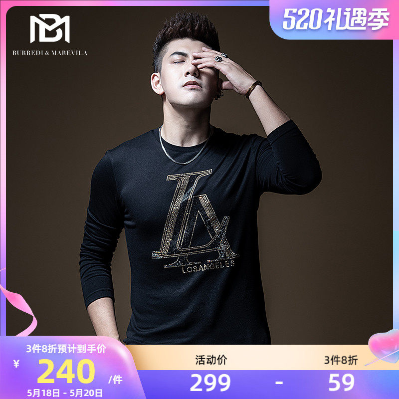 BM men's alphabet hot and drilled round collar tencel cotton long sleeve T-shirt male Chaumin hip-hop clothes pure color inner lap clothing