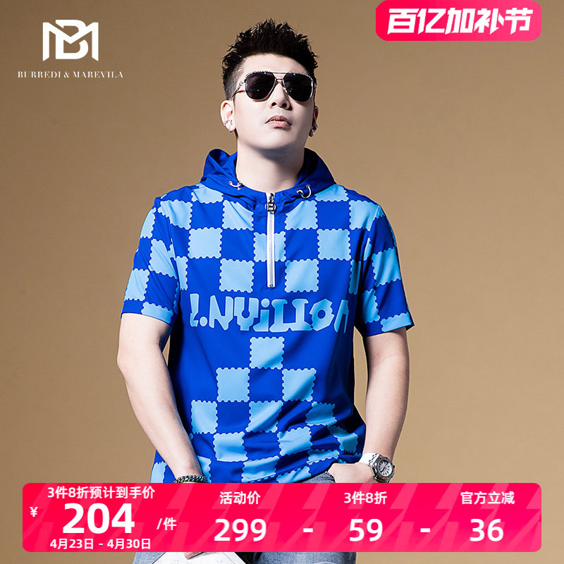 Bm Summer Men's Clothing 2022 New Printed Plaid European and American Street Style T-Shirt Loose Short-Sleeved Trendy Brand Men's T-Shirt