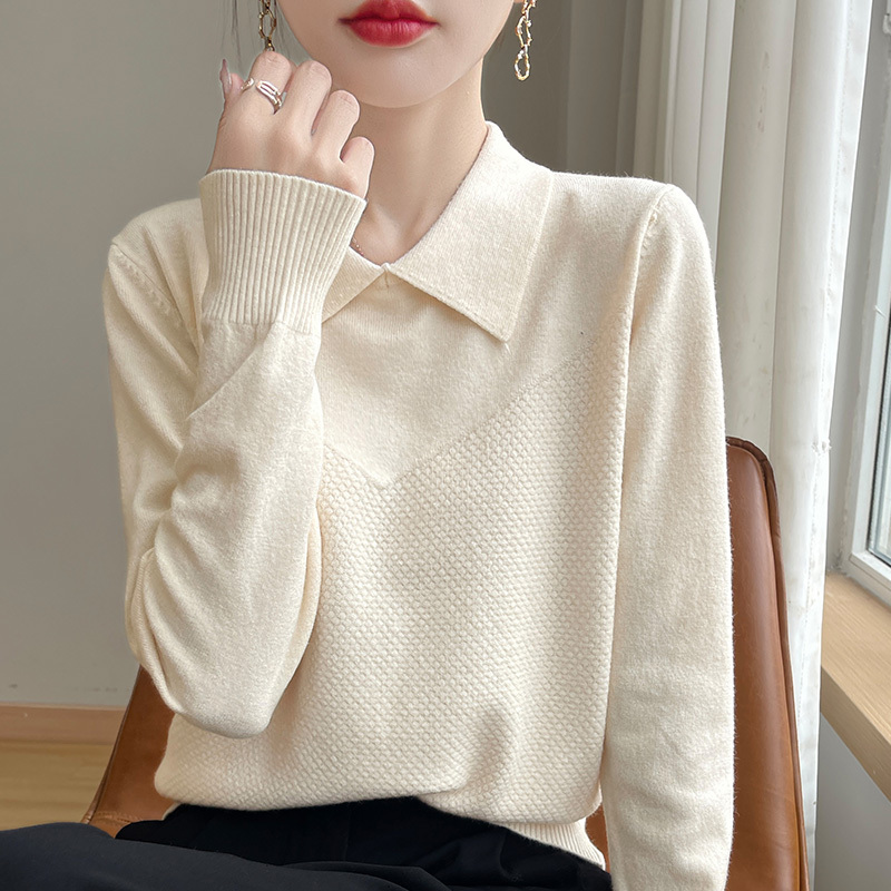 Fashionable and Stylish Lapel Sweater for Women, Suitable for Spring, Autumn, and Winter, Long-Sleeved, Loose-Fitting, Slimming Top, Polo Collar Knit Base Shirt