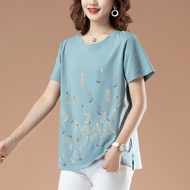 Elderly Women's Large Size Cotton Short-Sleeved T-Shirt, Middle-Aged and Elderly Mothers' Summer Clothing, Loose Belly-Covering Top