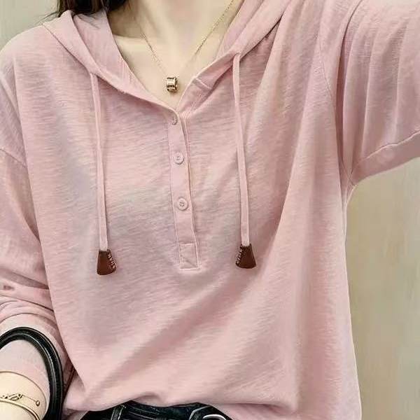 2026 New Bamboo Cotton Hooded Long-Sleeve T-Shirt for Women, Early Autumn Thin Loose Fit, Slimming Versatile Solid Color Top