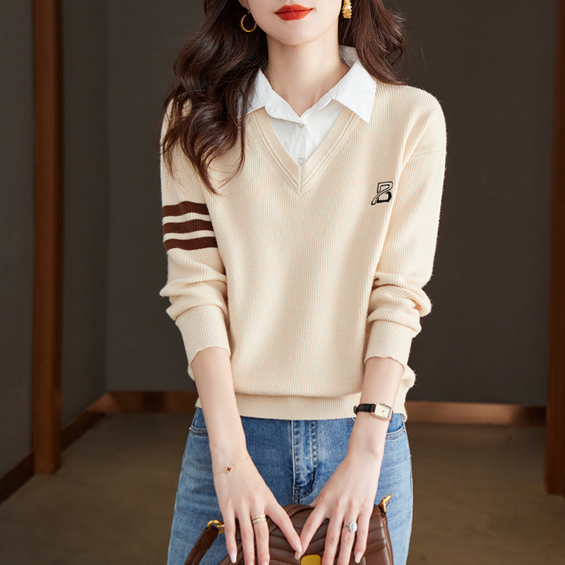 Shirt-Collar Knit Sweater for Women, Spring 2026 New Fashion Stylish Faux Two-Piece Top, Petite Sweater, Base Layer Shirt
