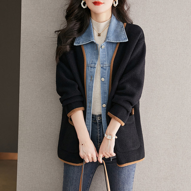 Autumn mid-length coat women's 2022 new fashion Western-style denim stitching baseball uniform spring and autumn vacation two-piece tops