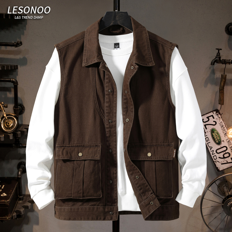 American-Style Heavy-Duty Work Vest for Young Men with Large Pockets, Vintage Casual Sleeveless Jacket for Outdoor Hiking and Fishing
