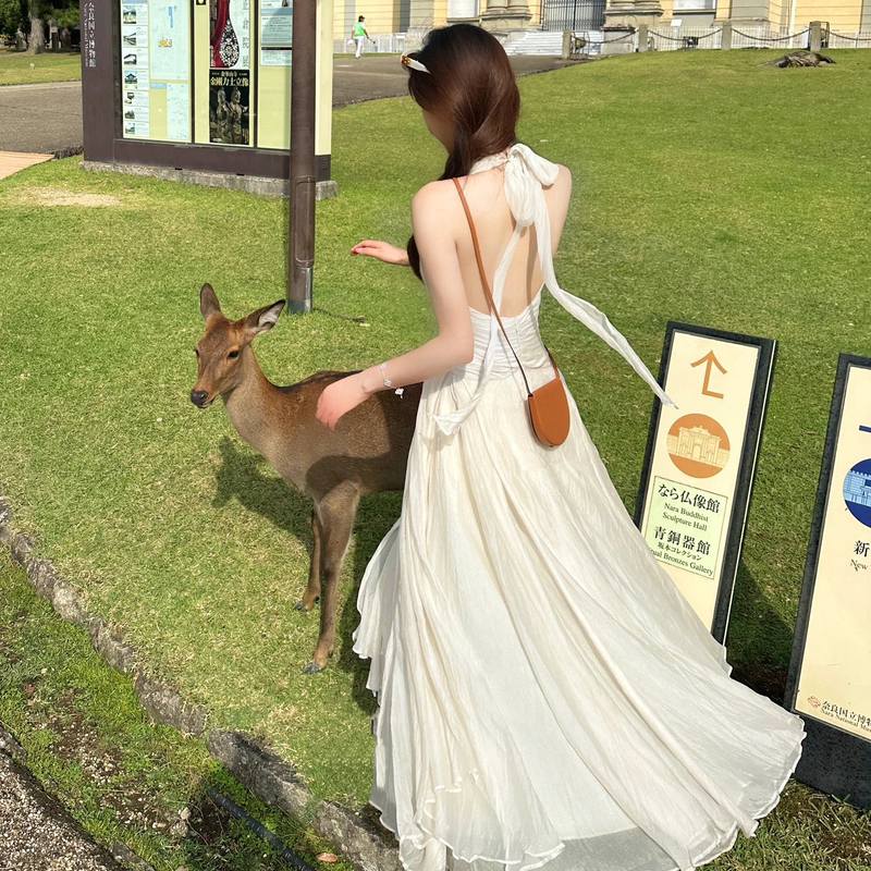 French-Style Super Popular Halter Neck Spaghetti Strap Dress, Fairy-Like Summer Dress, Seaside Vacation Style, Sanya Beach Long Dress