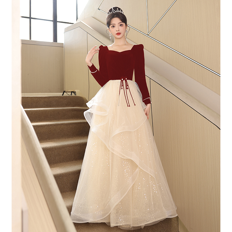 Bridal Toast Dress 2026 New High-End Wedding French Red Banquet Evening Dress Engagement Women's Long-Sleeved Winter Dress