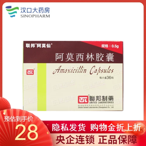阿莫仙 Капсулы амоксицина 0,5 г*36 капсулы/ящик отит среда среда синусит фарингит фарингит тонзиллит бронхит урогенный тракт инфекция уретрит антибактериальный анти -инфляторный препарат