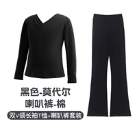 Комплект, черный лонгслив, штаны-клёш, V-образный вырез