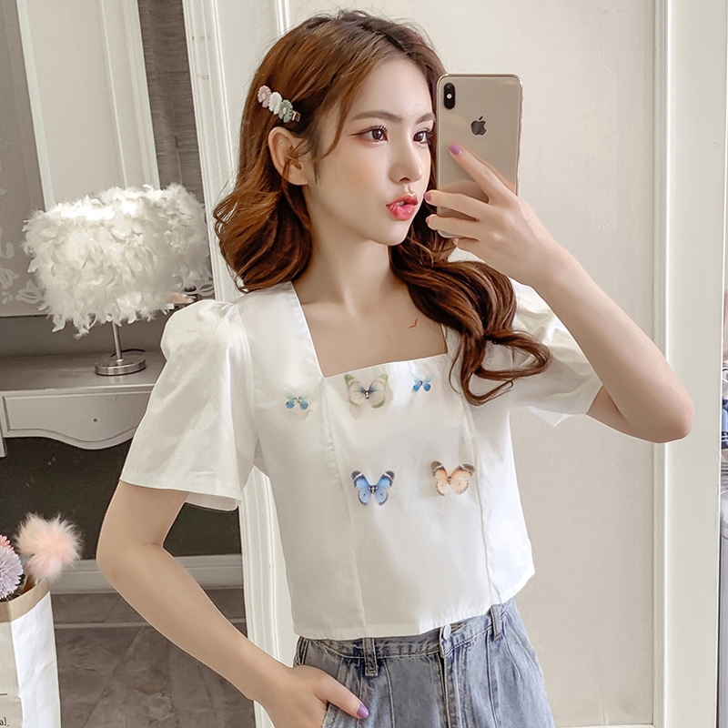 tay áo ngắn bướm t-shirt nữ 2020 mới phong cách nước ngoài áo eo thời trang loose-fitting voan đầu nữ