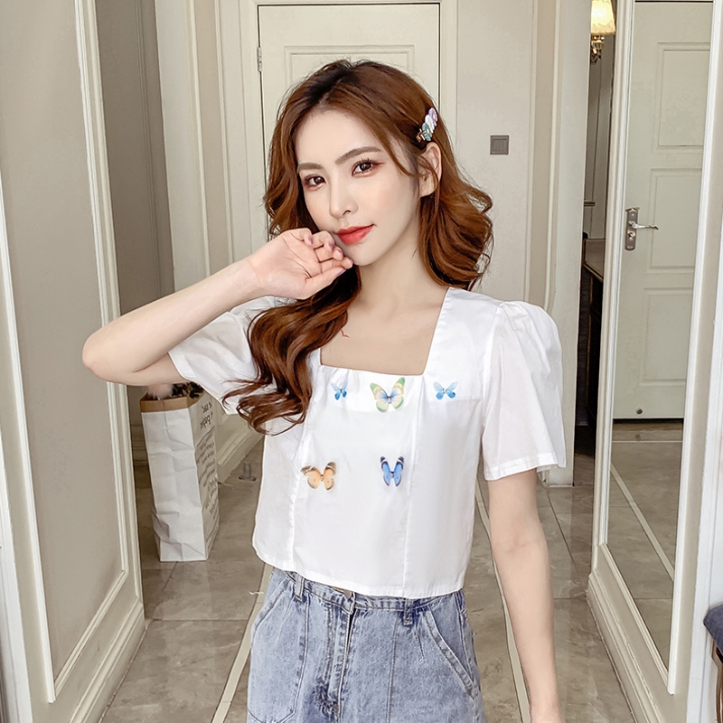 tay áo ngắn bướm t-shirt nữ 2020 mới phong cách nước ngoài áo eo thời trang loose-fitting voan đầu nữ