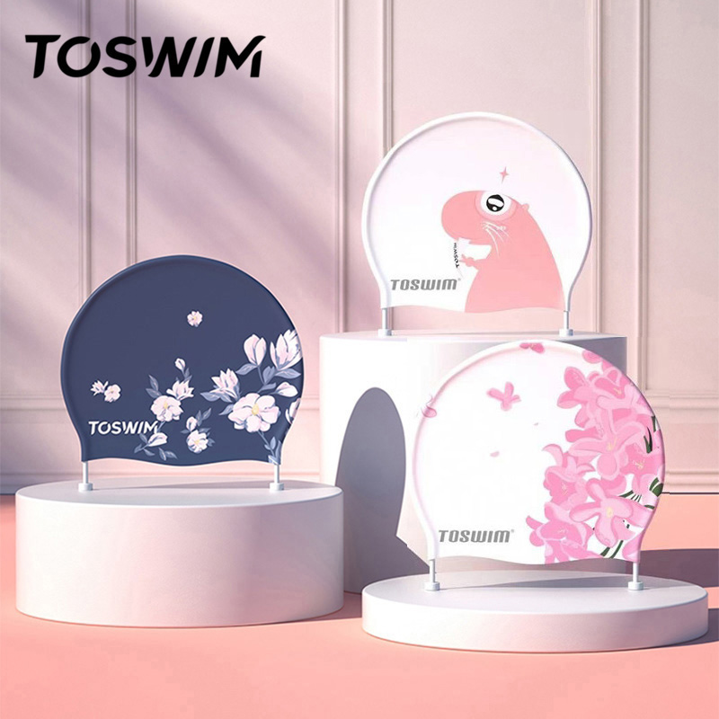 Toswim swimming cap long hair waterproof fashion ear comfortable lady plus silicone swimming cap male print