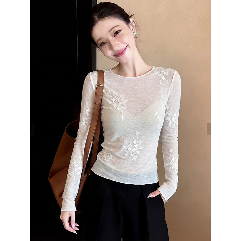 French-Style Heavy-Duty Design White Semi-Sheer Sun-Protective Blouse for Women, Spring and Summer Season, Regular Shoulder, Waist-Cinching Lace Base Shirt Top