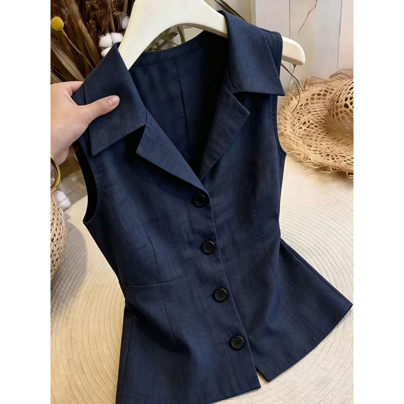 Old Money Style Navy Blue Polo Collar Sleeveless Waist-Cinching Vest Shirt for Women, Summer High-End Off-Shoulder Air-Conditioning Shirt Old Money Style Navy Blue Polo Collar Sleeveless Waist-Cinching Vest Shirt for Women, Summer High-End Off-Shoulder Air-Conditioning Shirt