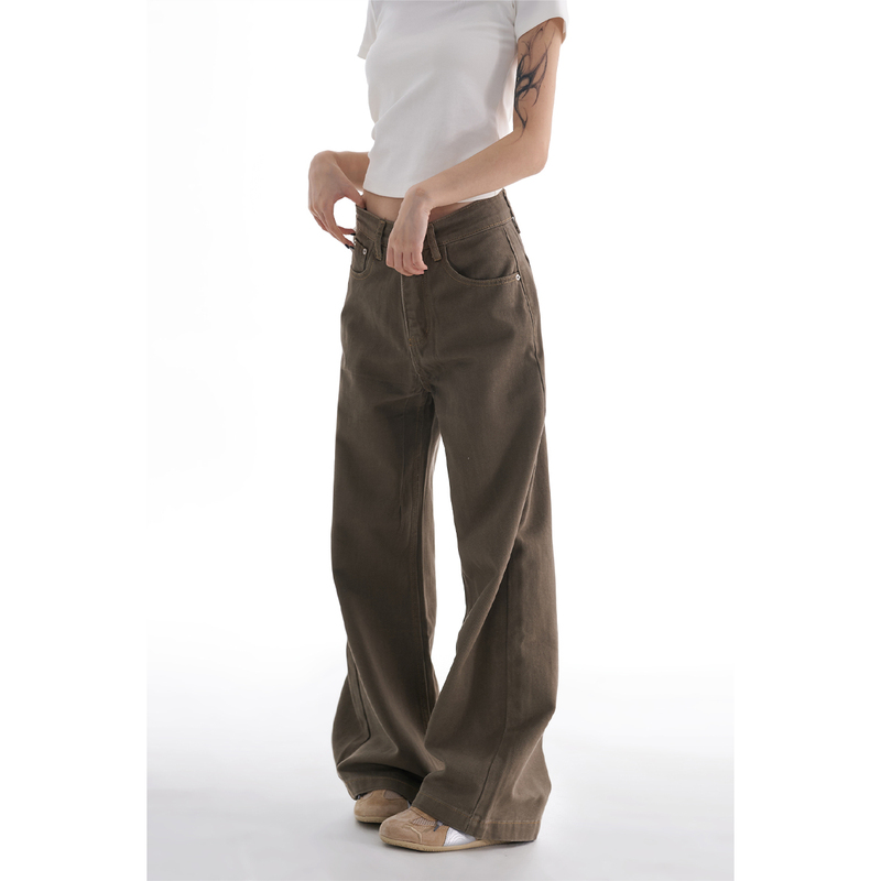 Agua Women's Jeans American Retro Casual Niche Cleanfit Long Pants Melard Brown Straight-Leg Pants