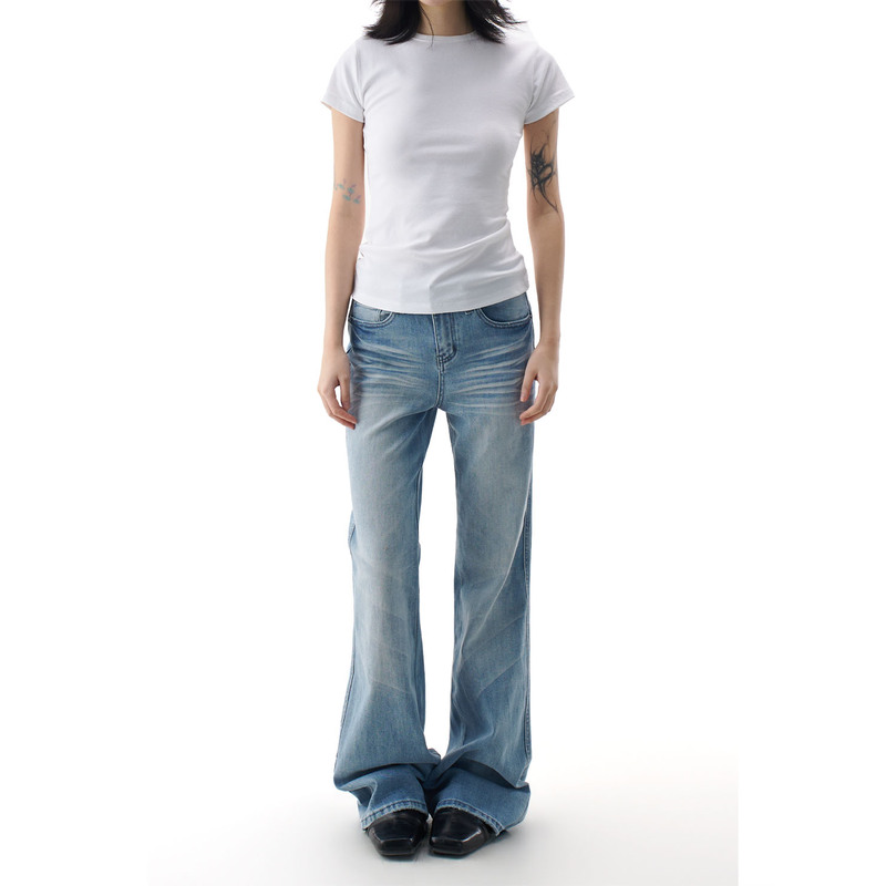 Agua American Retro Washed Whiskered Light Blue Flared Jeans for Women, New Spring Style, Non-Tight Casual Pants