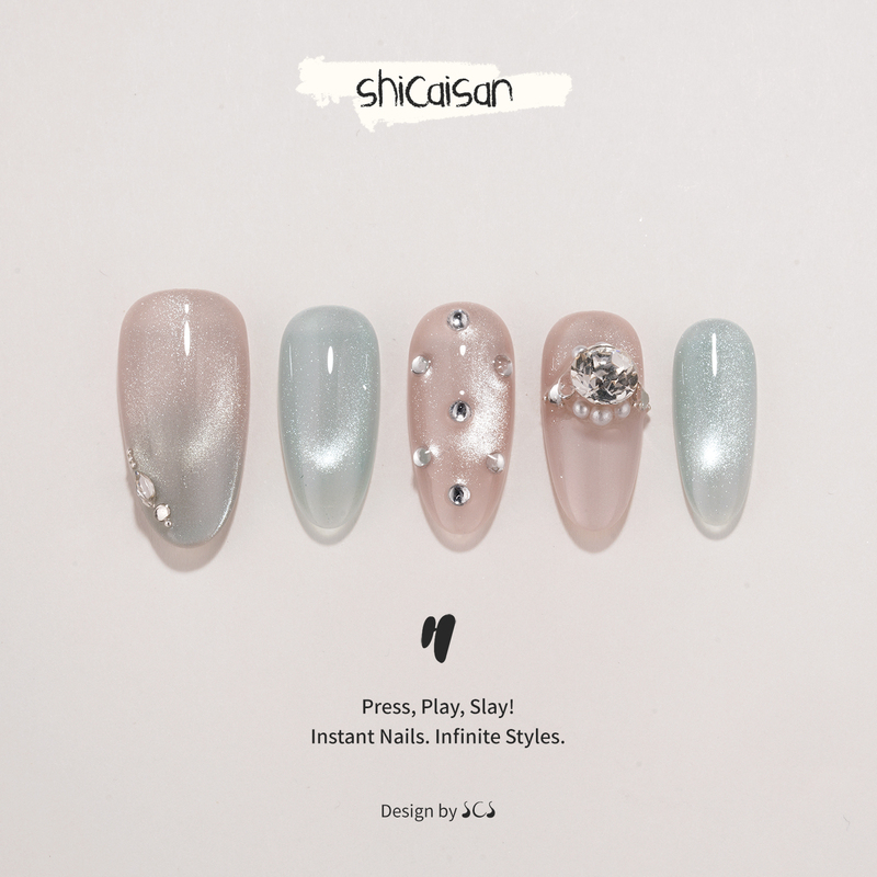 Ten Colors Three【Blue Sand】Handmade Wearable Nails Medium Length 2026 Summer Mint Ice Crushed Diamond Cat Eye Nail Art