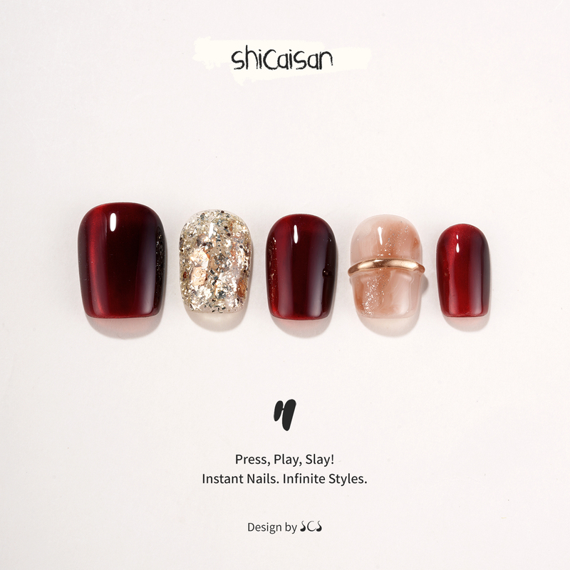 Ten Colors Three【Medusa Red】Handmade Wearable Nails 2026 New Year Edition High-End Red Glitter Transparent Cat Eye
