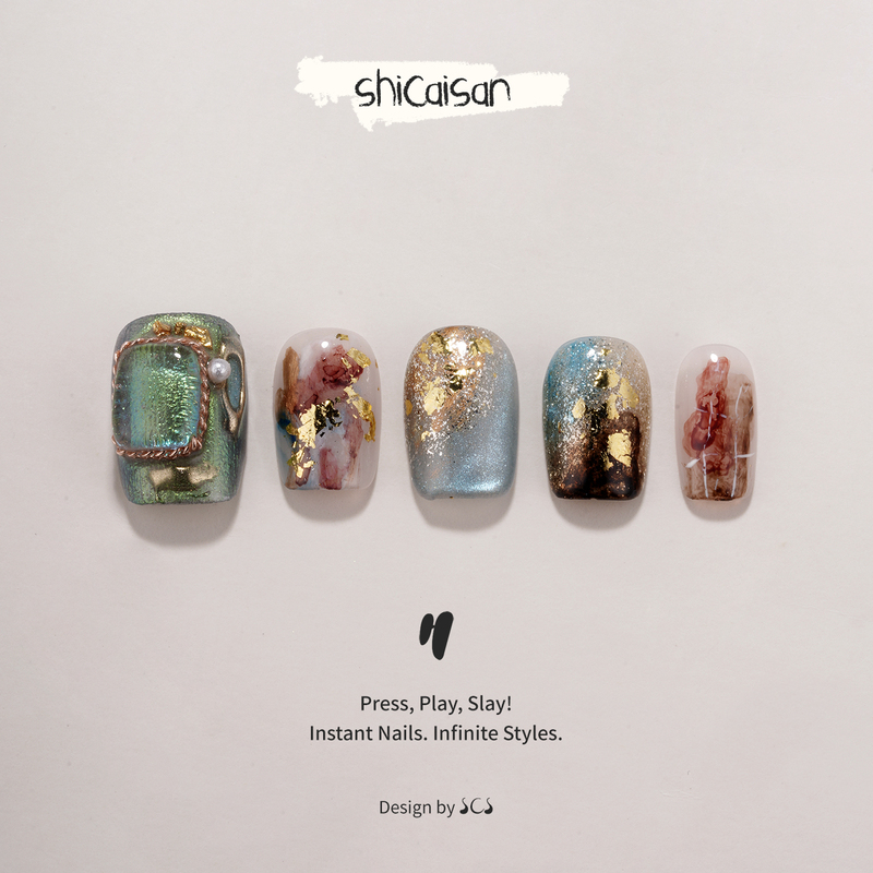 Ten Colors Three【Return to Xiamen】Purely Handmade Wearable Nails 2026 Short Style High-End Colorful Hand-Painted Aurora Cat Eye Nail Art