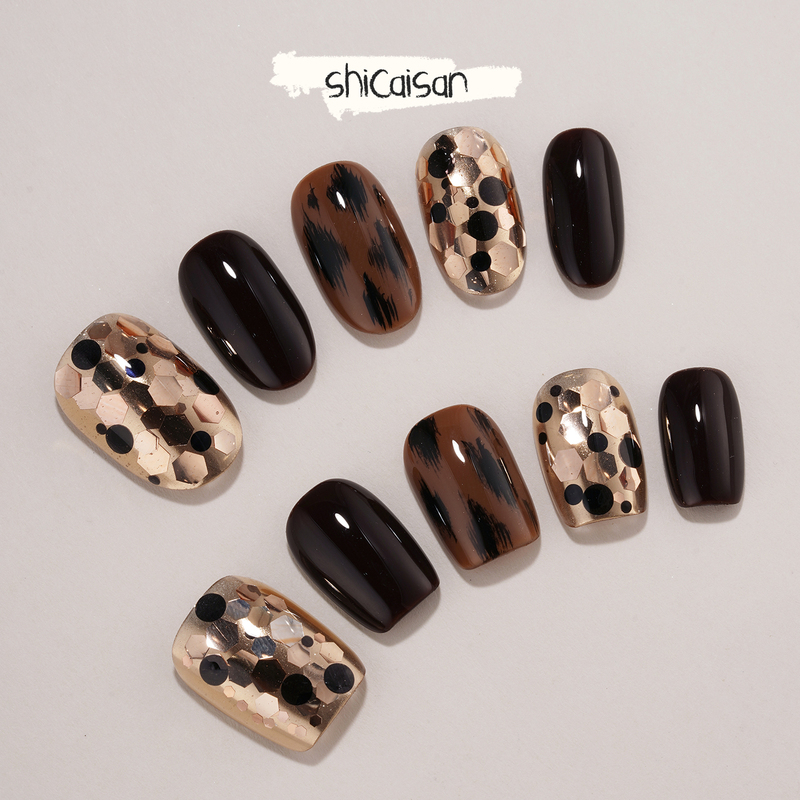 Ten Colors Three【Chestnut Spots】Handmade Wearable Nails Medium Length 2026 American Leopard Print Black Gold Glitter Nail Art Ten Colors Three【Chestnut Spots】Handmade Wearable Nails Medium Length 2026 American Leopard Print Black Gold Glitter Nail Art