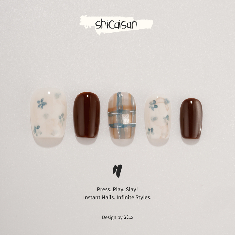 Ten Colors Three【Hazelnut Velvet Mist】Handmade Wearable Nails 2026 Short Style High-End Spring Plaid Small Floral Pattern