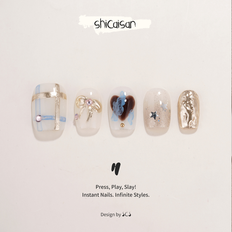 Ten Colors Three【Heartbeat Route】Handmade Wearable Nails Short Style 2026 New High-End Hand-Painted Heart Bow