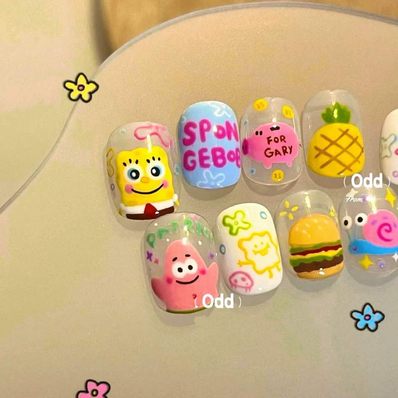 Puppy Spongebob Squarepants Hand-Painted Wearable Nails Summer New Cartoon ins Cute Nail Art Whitening Patrick Star