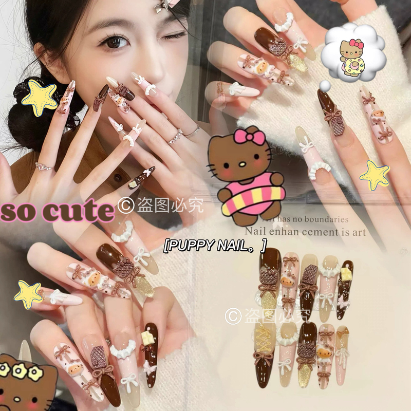 Puppy Brand Black Leather Kitty Extra-Long Nail Extensions for Small Dogs, Sweet Chocolate Pink Bow Cat-Eye Girl Style