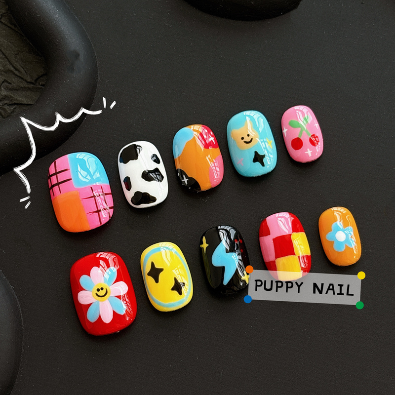 Puppy Home Patchwork Cow Rainbow Hand-Painted Wearable Nails Cute Cartoon ins Nail Art Y2K Colorful Summer Puppy Home Patchwork Cow Rainbow Hand-Painted Wearable Nails Cute Cartoon ins Nail Art Y2K Colorful Summer