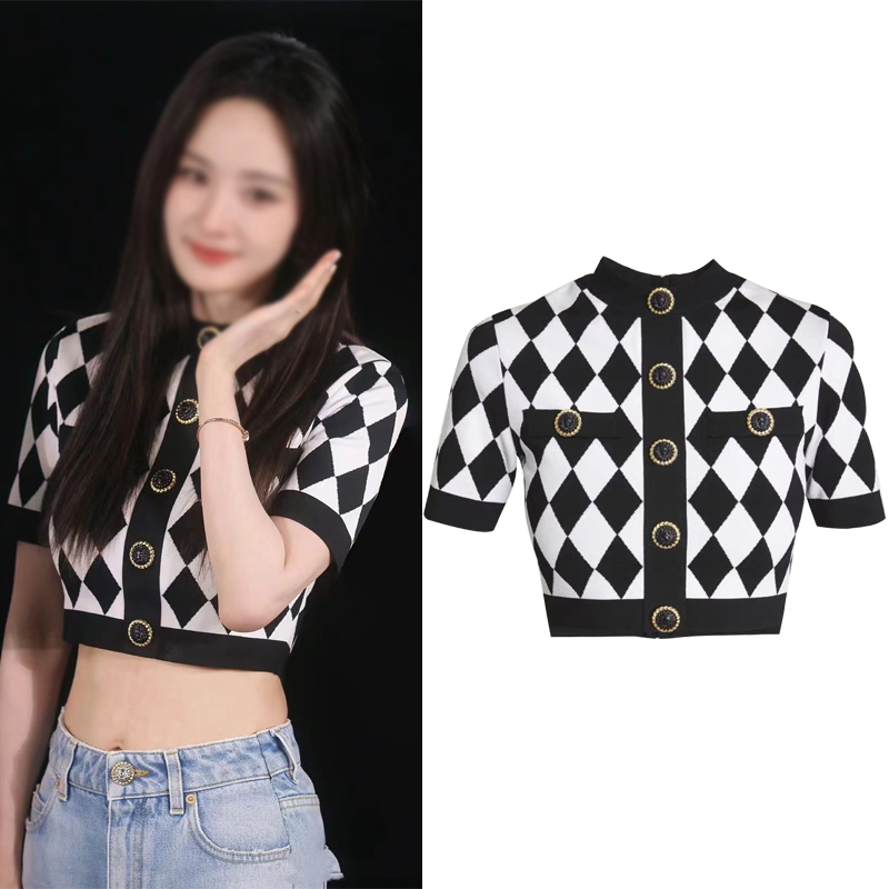 Yang Mi Style Black and White Argyle Knit Short-Sleeve T-Shirt Top for Women, Summer Chanel-Style Color-Block Slim-Fit Short Top
