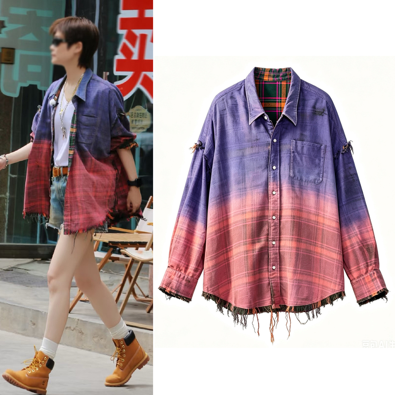 Xiangye's We (the Band) Li Yuchun's Same Style Reversible Loose Frayed Hem Gradient Plaid Shirt for Women, Mid-Length Top