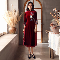Golden Velvet Mother Dress Wedding Banquet Cheongsam 2021 Autumn and Winter New Red Banquet Chinese Ao Dai Modified Dress Women