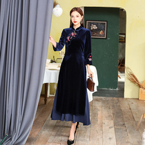 Golden Velvet Cheongsam High-grade Elegant 2021 Autumn Winter New Mother Dress Chinese Vintage Womens Dress