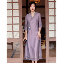 Vintage Cheongsam Dress Women Embroidery 2021 Summer New Modified Chinese Style Tang Dress V Collar Chinese Womens Clothing