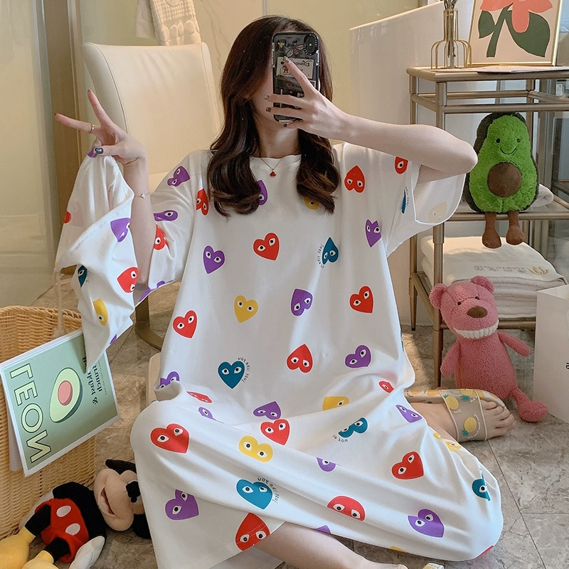 Váy ngủ nữ mùa hè váy cotton hàn quốc mùa xuân và mùa hè dễ thương sinh viên phụ nữ mang thai dài mỏng lỏng lẻo đồ ngủ trái tim đào - Đêm đầm