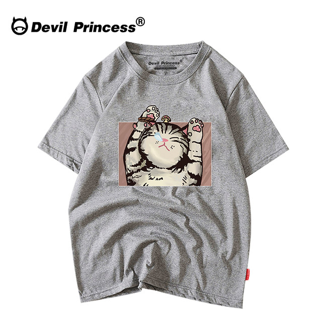 Japanese simple cartoon trendy brand personality cat print short-sleeved t-shirt women's loose chic Harajuku Hong Kong style student t summer