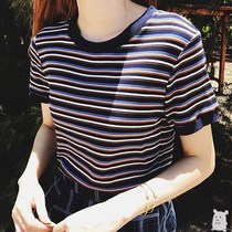 Rainbow color slim round neck half sleeve cross stripe T-shirt knitted short sleeve top female summer 2019 new Korean style shirt