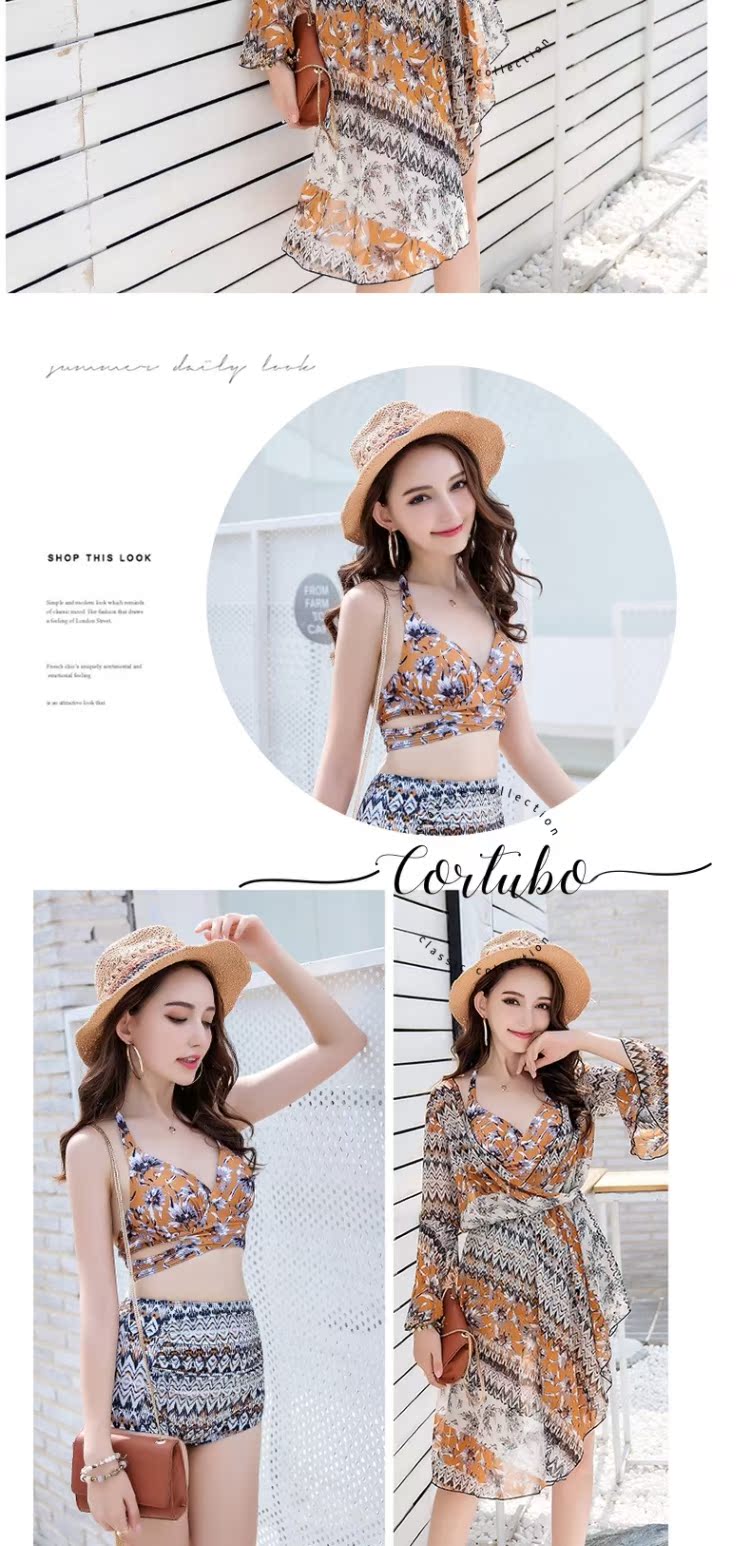 CORTUBO eo cao bằng phẳng bikini thép tấm tập hợp bong bóng nóng mùa xuân tắm phù hợp với nữ kèn dài tay áo voan ngoài ba - Bikinis bộ bơi dài tay nữ