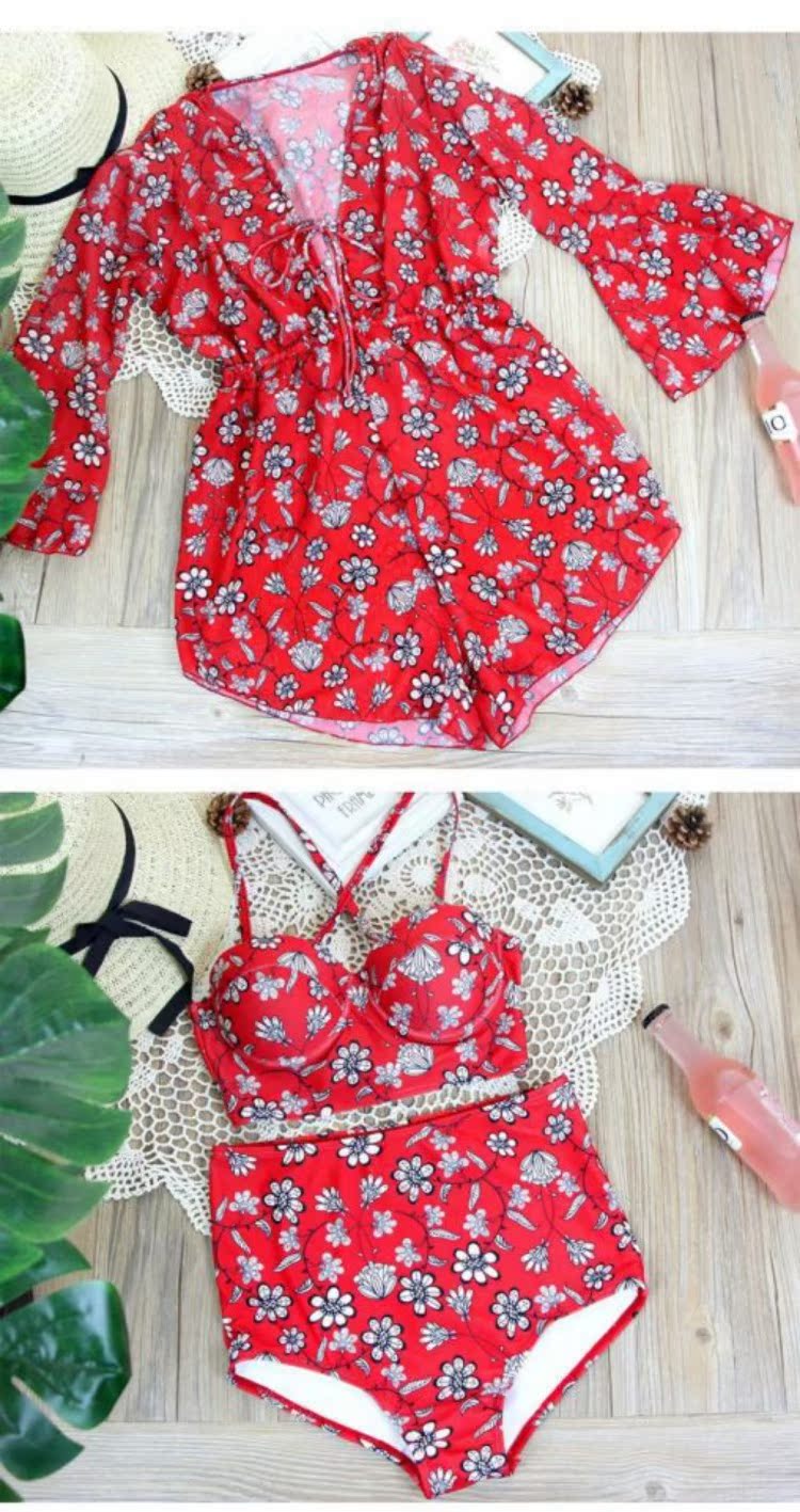CORTUBO áo tắm nữ retro ngực nhỏ thu thập eo cao bikini bảo thủ che bụng gợi cảm lớn ba mảnh phù hợp với mỏng - Bikinis bo bikini