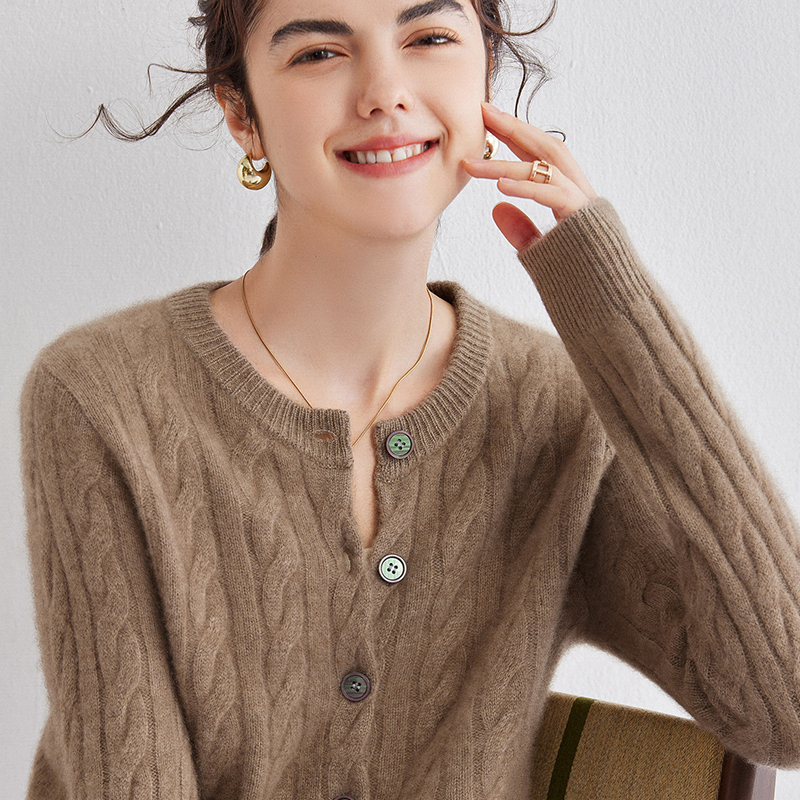 Thickened Round Neck Cashmere Sweater for Women, 100% Pure Cashmere Cardigan, Autumn and Winter Twisted Knit Sweater Jacket, Loose Top