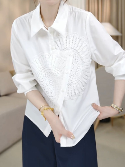 重工绣花设计感小众衬衫新款2025春秋大码不规则下摆长袖百搭衬衣