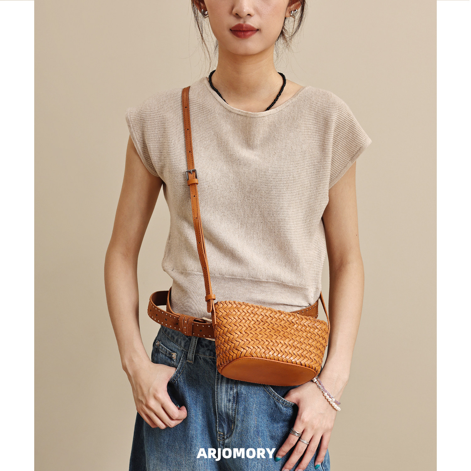 ARJOMORY Original Design Luxury Top Grain Cowhide Hand-Woven Basket Bag for Women 2026 Crossbody Small Bag - Thumbnail 5