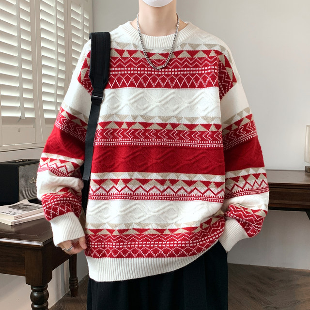 Striped Sweater for Men, Autumn and Winter 2025 New Style, Loose Round Neck Knitwear, Thickened Warm Clothing for Teenagers