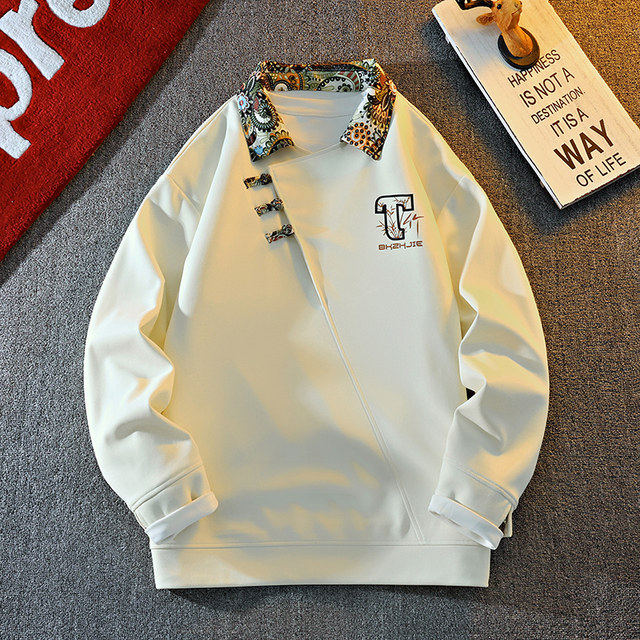 New Chinese Style Sweatshirt for Men, Spring and Autumn Design, Lapel Jacket, Top Clothing for Teenagers, National Trend Button-Up Pullover