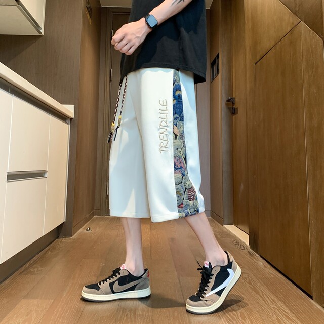 Chinese Style Men's Summer Ice Silk Loose Straight Casual Pants, National Trend Embroidered Fashion Sports Cropped Pants