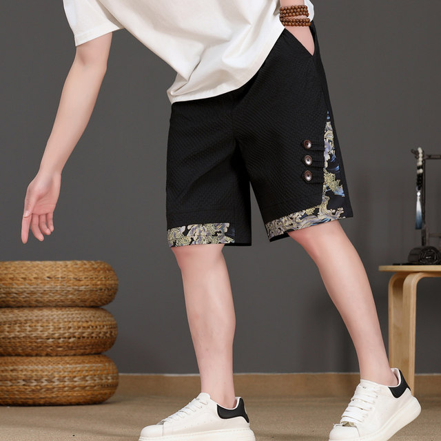 Chinese Style New Shorts for Men, Summer Thin Ice Silk Quick-Drying Loose Mid-Length Pants, Trendy Patchwork Casual Five-Point Pants