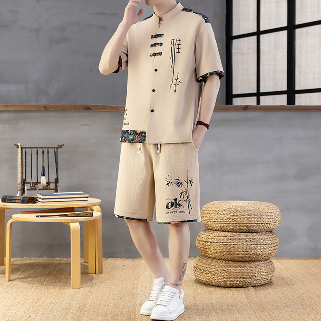Chinese Style Casual Sports Suit for Men, Summer Thin Short-Sleeved Cardigan Shirt, Youth Loose Fit, National Trend Button-Up Clothing