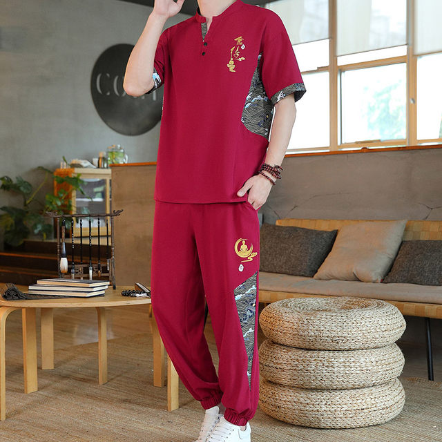 Chinese Style Summer Ice Silk Short-Sleeved T-Shirt Set for Men, Casual Half-Sleeved Tang Suit T-Shirt with Nine-Point Pants Two-Piece Set